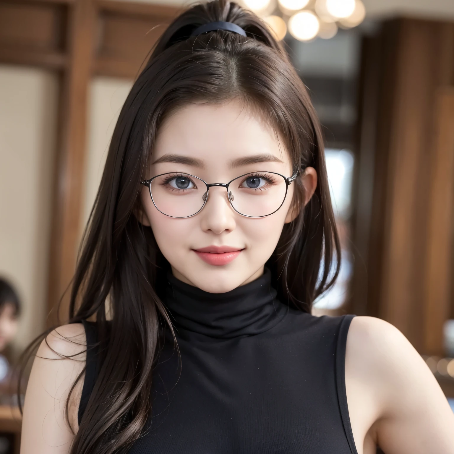 (Best quality, masterpiece, detailed), (RAW, 4k, hd images), 1 girl, 17 years old, white skin, long hair, wave hair, ponytail, layers hair, bangs, black hair, beautiful girl, cute girl, sweet girl, pretty girl, perfect girl, perfect body, perfect eyes, pretty eyes, blue eyes, thin lips, (eye line, lip soft), perfect breast, glasses(detailed frame), indoors, cafe, smile, hazelnut sleeveless turtleneck, photo on the middle fancing camera, upper body, cenimatic light