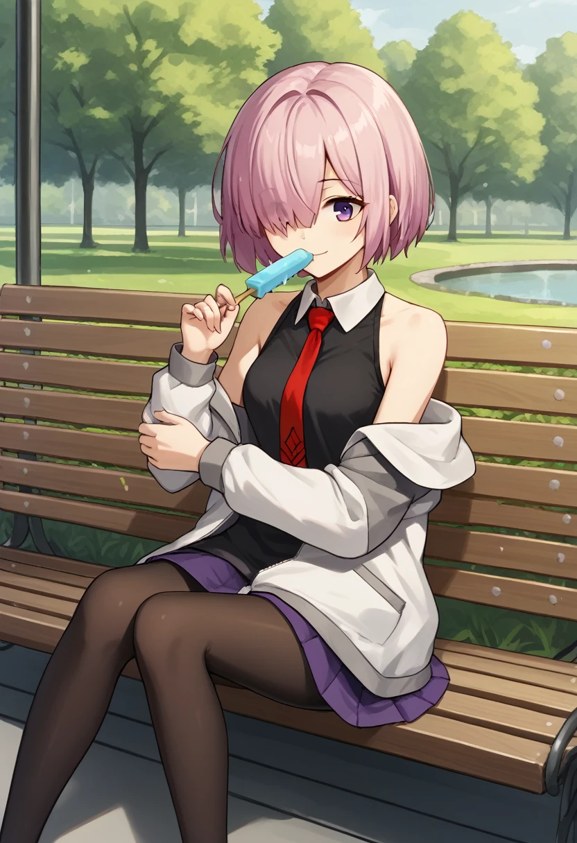 1 woman, Short hair, pink hair, purple eyes, hair above one eye, black shirt, white collar, red tie, Two-tone jacket, white jacket, gray sleeves, long sleeves, skirt, pantyhose, outdoors, seat, park, off shoulder, bare shoulders, popsicle score_9, score_8_consolation, score_7_consolation, score_6_consolation, score_5_consolation, score_4_consolation, BREAK Source_japanese cartoon movies, masterpiece,꽉끼는 skirt, A beautiful smile, 