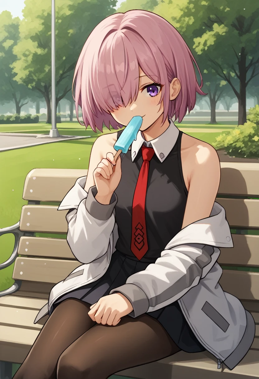 1 woman, Short hair, pink hair, purple eyes, hair above one eye, black shirt, white collar, red tie, Two-tone jacket, white jacket, gray sleeves, long sleeves, skirt, pantyhose, outdoors, seat, park, off shoulder, bare shoulders, popsicle score_9, score_8_consolation, score_7_consolation, score_6_consolation, score_5_consolation, score_4_consolation, BREAK Source_japanese cartoon movies, masterpiece,꽉끼는 skirt, A beautiful smile, 