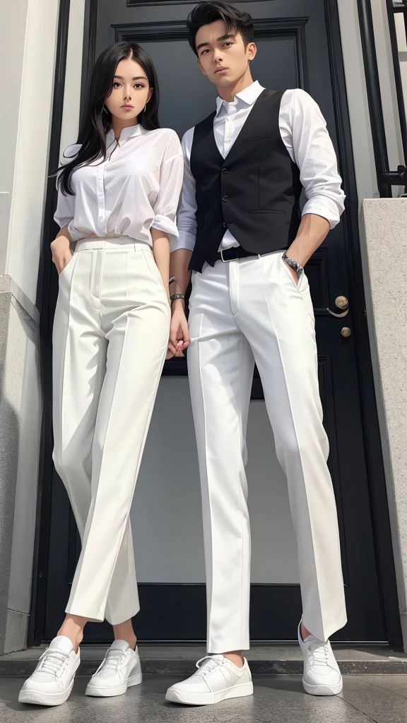 White shirt black pants white shoes man and woman