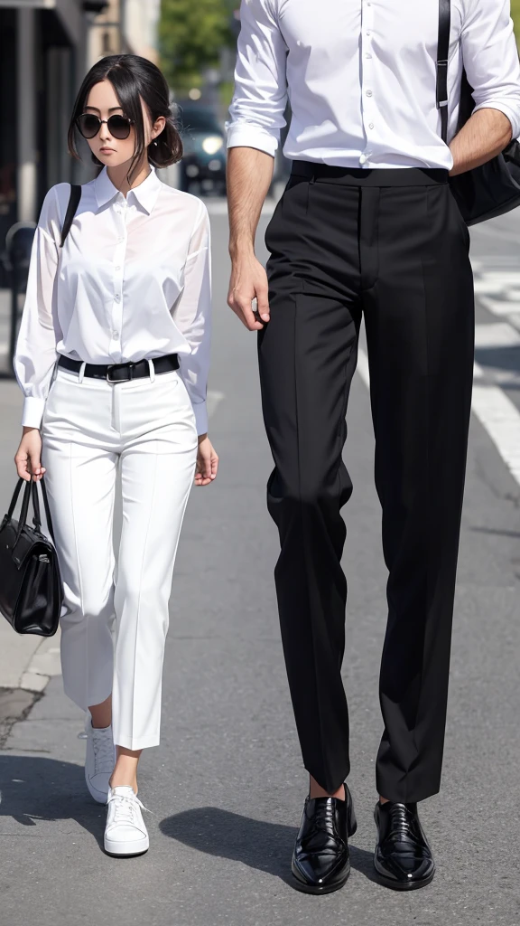 White shirt black pants white shoes man and woman