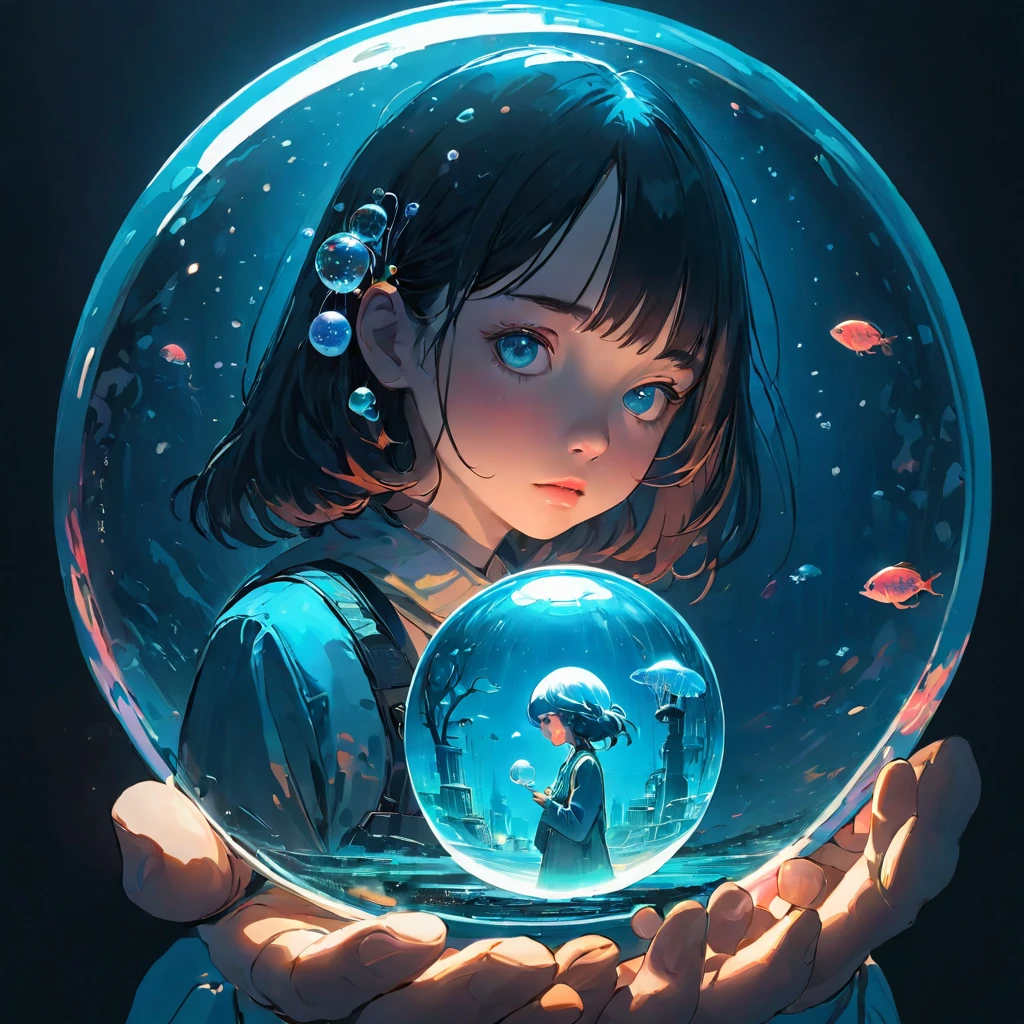 finely detailed illustration, vibrant color,High resolution、８ｋ、pretty girl、One Girl、Perfect and detailed eye drawing、Highest quality、masterpiece、detailed eye and face, A person holding a glass ball with a jellyfish inside, Hologram by Beeple, Trending on CGSociety, magical realism, Cyberpunk Jellyfish, Cyberpunk Blue Lens Effect, Jellyfish Shrine Maiden, Digital Artレンダリング, Artem Demra Beeple,  Spectacular concept art. Bokeh, Digital Art