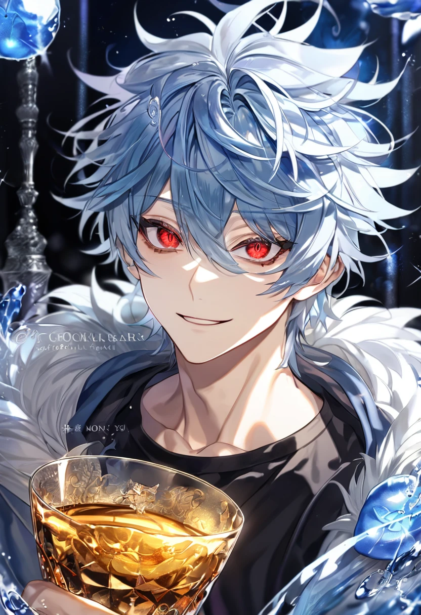 absurdres, highres, ultra detailed, HDR, master piece, best quality, extremely detailed, Kuro, light-blue hair, messy hair, black bags under the eyes, expressive red eyes, Servamp, solo, sexy man, handsome, smiling, light blue coat with fur, black T-shirt, magical, fantasy, glittering, sparkling, glass, blue flowers, blue petals, water, blue moon