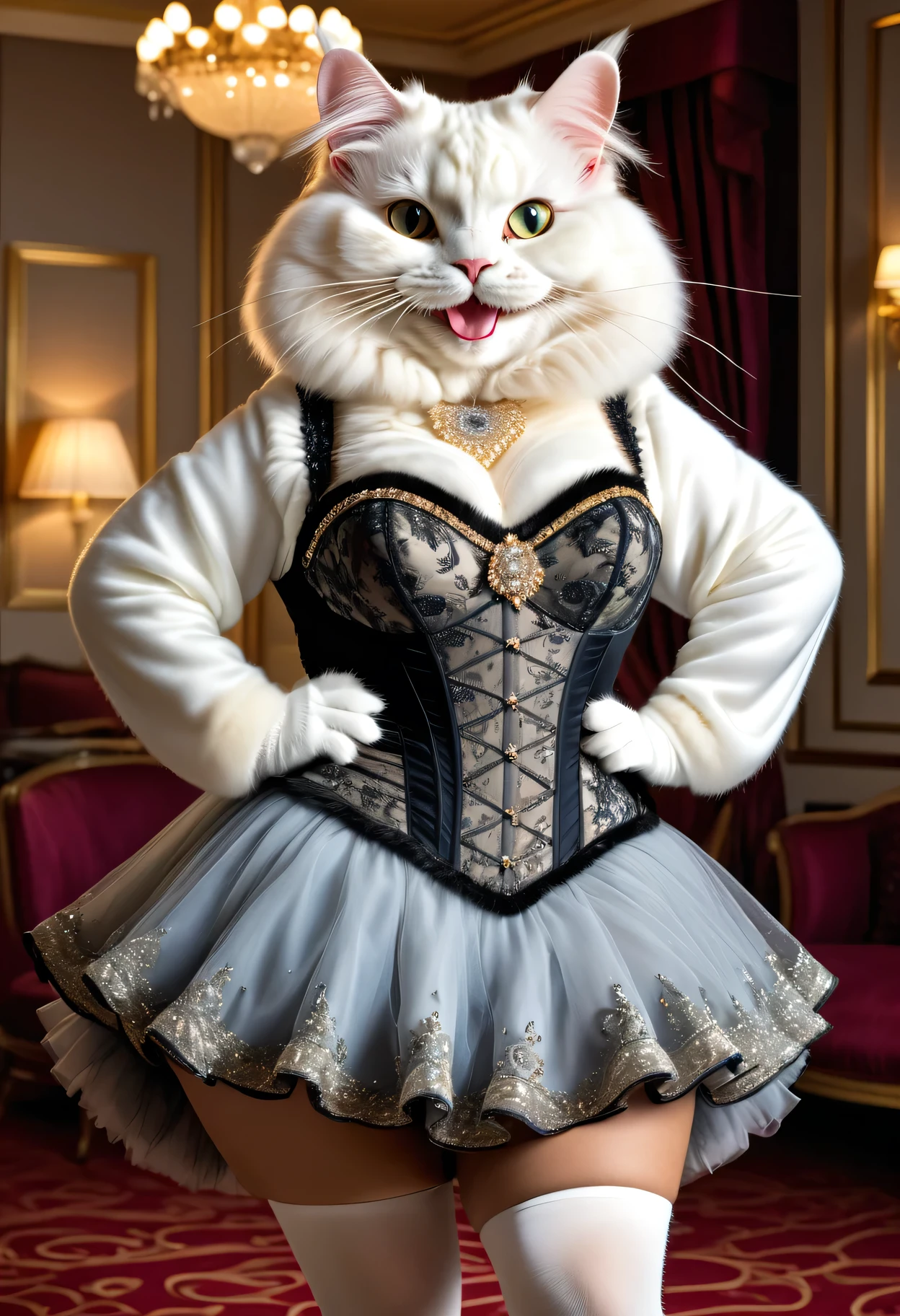 photorealistic portrait of Dressed animals-a (fat) ((angora cat)) dancer,(furry), (elegant pose:1.5), (hands on hips:1.5),(smile:1.5),high quality,(happy),(lovely) ,intricate details, Wearing bustier, (), highly detailed ((bustier)) ,highly detailed decorations of clothes, Fishnet panty horse , (happy), soft lighting,(full body image:2.0),luxury hotel room background,(high heels),