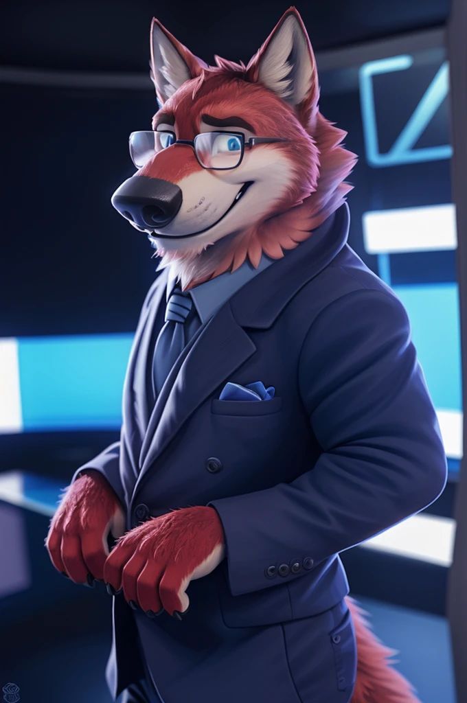 Ivan Fedorovich Wolfbach (Novosibirsk) ,tall handsome, wolf,young, 24 years, brown fur,Kind,(red body:1.3),beautiful blue eyes,Novosibirsk,dressed, Blue jacket,  black glasses, shirt, Yellow tie, blue pants, wolf, detailed fur, male,paw pads, finger claws,At the viewer, 5 fingers, paws, 5 fingers, smile, wrist watch, т nextel,by xenoforge, (difficult, high detail, digital photography, soft focus, RAW variety близко к камере, variety,Novosibirsk, smile, good mood, positive, Very close to the camera,presenter Moscow, 
Photorealism, realistic, digital style, Subsurface scattering,looks at the squares, News studio, 
masterpiece, Best quality, ultra realistic, 8 thousand.)