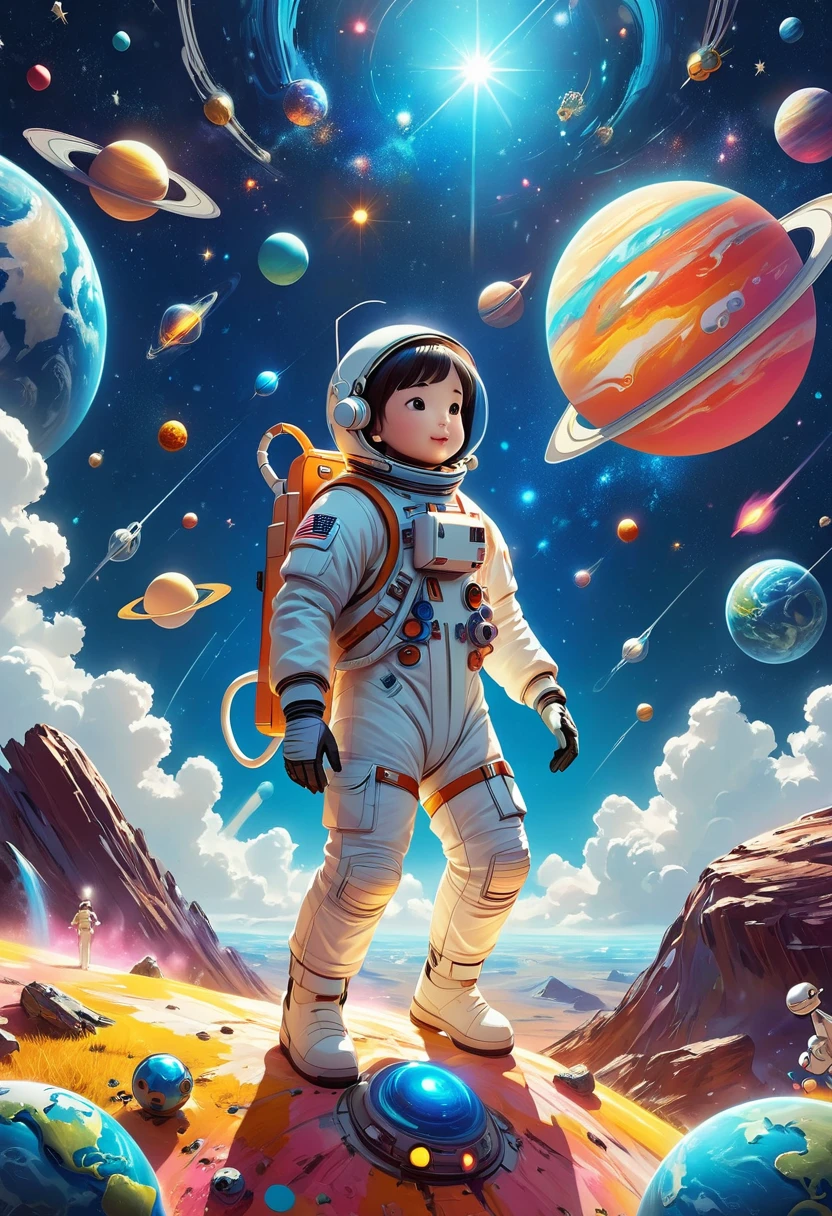 A 3d illustration of things such as a universe, astronaut, spaceship,planet, in the style of lively illustrations, childlike figures, hallyu, ad posters, use of bright colors, earthworks, soft color fields light-filled scenes