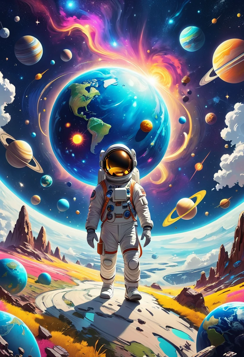 A 3d illustration of things such as a universe, astronaut, spaceship,planet, in the style of lively illustrations, childlike figures, hallyu, ad posters, use of bright colors, earthworks, soft color fields light-filled scenes