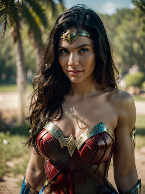 a beautiful woman, fair skin, supermodel ((Dressed as Wonder Woman)) Realistic (blue eyes), (She is smiling: 1.1), perfect face, split lips, (Best quality, 8k, Masterpiece: 1.3), hands perfect, clear focus: 1.2, perfect body beauty: 1.4, thin abdomen: 1.2, highly detailed face and skin texture, detailed eyes, (natural straight black hair,) standing, heroic pose, highly detailed, 28 years old, Innocent face , high resolution, Artwork, best quality, high and intricate details, highly detailed, sharp focus, detailed skin, realistic skin texture, texture, detailed eyes, Professional, 4K, charming smile, shot in canon, 85mm, depth shallow field, kodak vision color, perfect body fit, extremely detailed, photography_\(ultra\), photorealistic, realistic, Post-processing, maximum detail, roughness, Real life, ultra realistic, photorealism, photography, 8k hd, photograph, she is on an island
