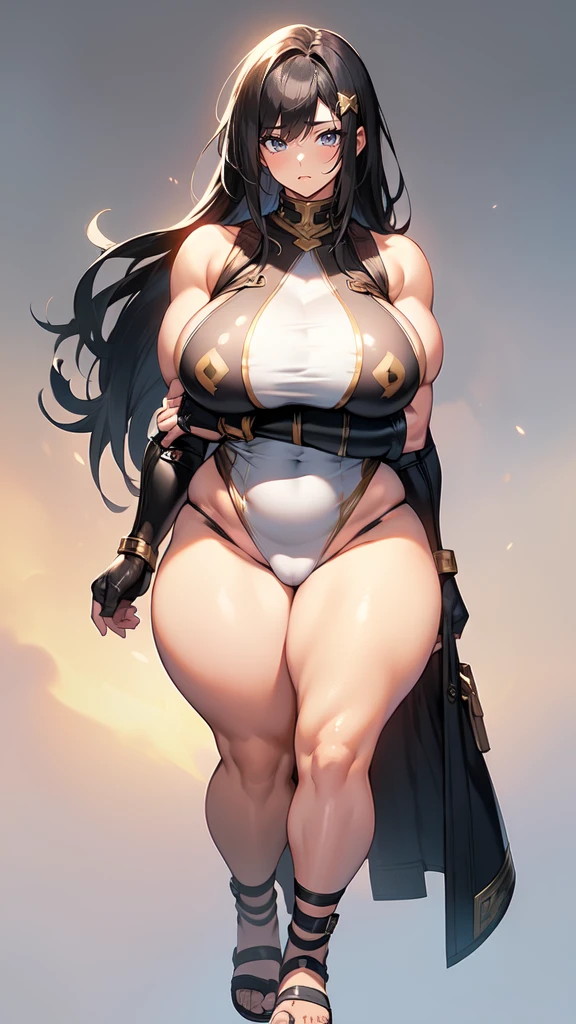 (masterpiece), best quality, female warrior, huge girl, female muscular:1.2, curvy, ((thick thighs:1.4)), (((blank background))), ((full body)), fingerless gloves, sandals, sleeveless, covered nipples, (underboobs:1.3), thin hair, crossed arms, straight hair, black hair