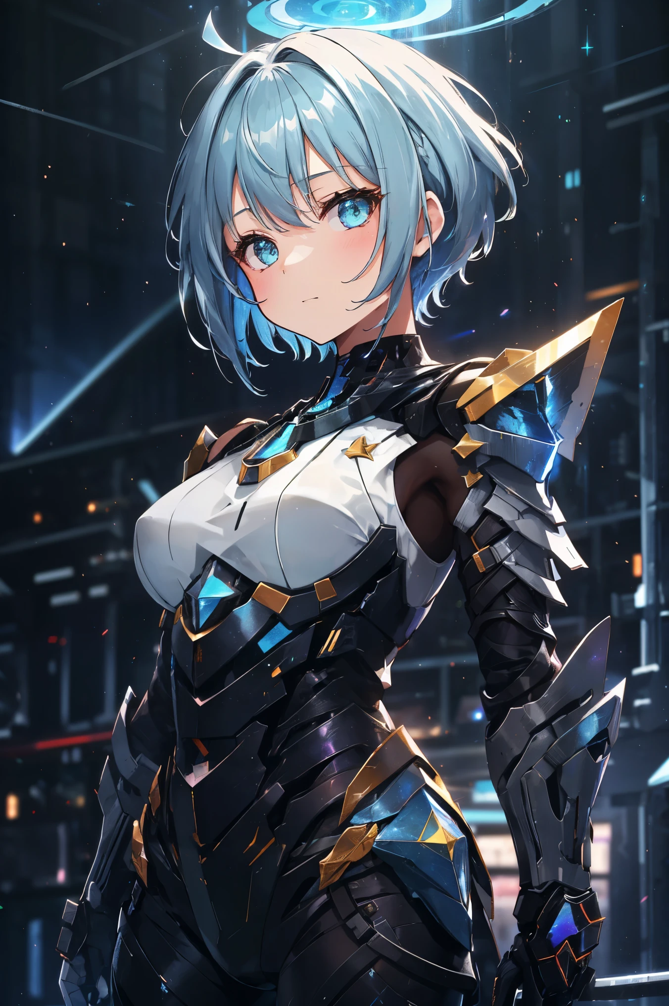A girl, Wild Rainbow Short Hair, Dark Fantasy, Cyan armor, permanent, Universe nebula background, Star, galaxy