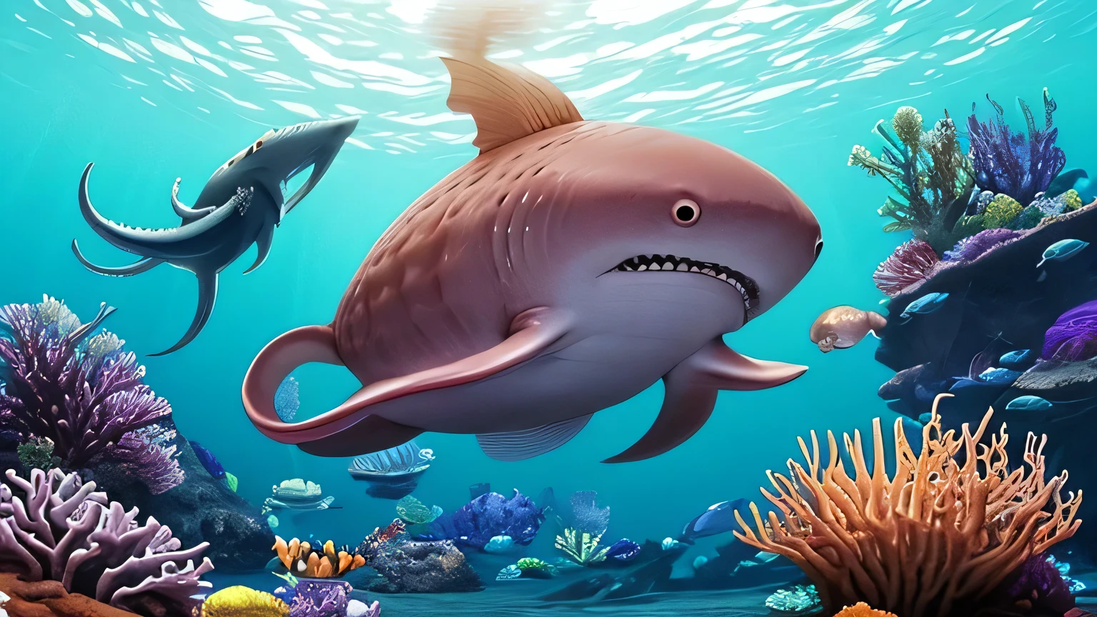 deep sea illuminated by beings that emit bioluminescence: sea ​​monsters Giant squid,  Lanternfish, Dragonfish, Goblin shark, Viperfish, Deep-sea anglerfish, Dumbo octopus, Hatchetfish, Comb jelly, Sea cucumber, Deep-sea shrimp, Vampire squid  Sea urchin, Yeti crab,Chimaera  