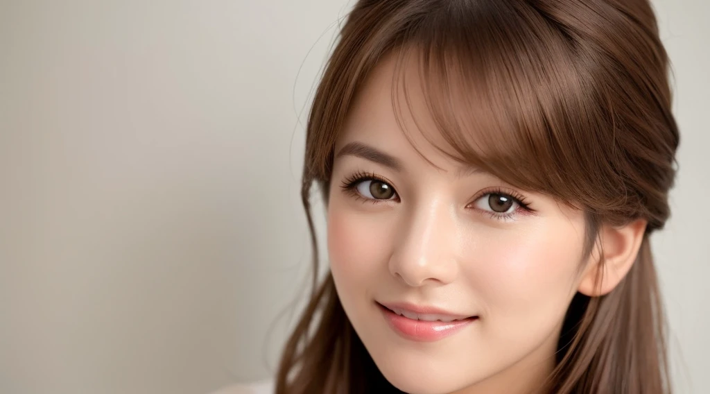 Create an image of a beautiful woman with chestnut brown hair. The background is clean white. She is making direct eye contact with the camera, and the focus is on her upper body. She is smiling gently, radiating a sense of beauty and confidence. The image should primarily feature a single woman, creating a captivating and approachable presence. Design the image with the intention of using it for beauty-related promotions, capturing the essence of a confident and approachable beauty. Pay attention to details such as her hair, facial expression, and the overall composition against the clean white background.