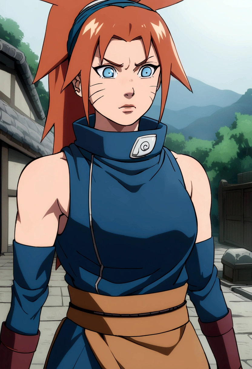 Kizi, russet hair, blue colored eyes, naruto style ninja outfit, clear face, detailed 
