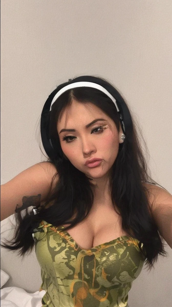 Arigameplays, a woman with long straight hair with bangs wearing headphones on and a t-shirt is pouting lips and taking a selfie in a bedroom, one eye closed