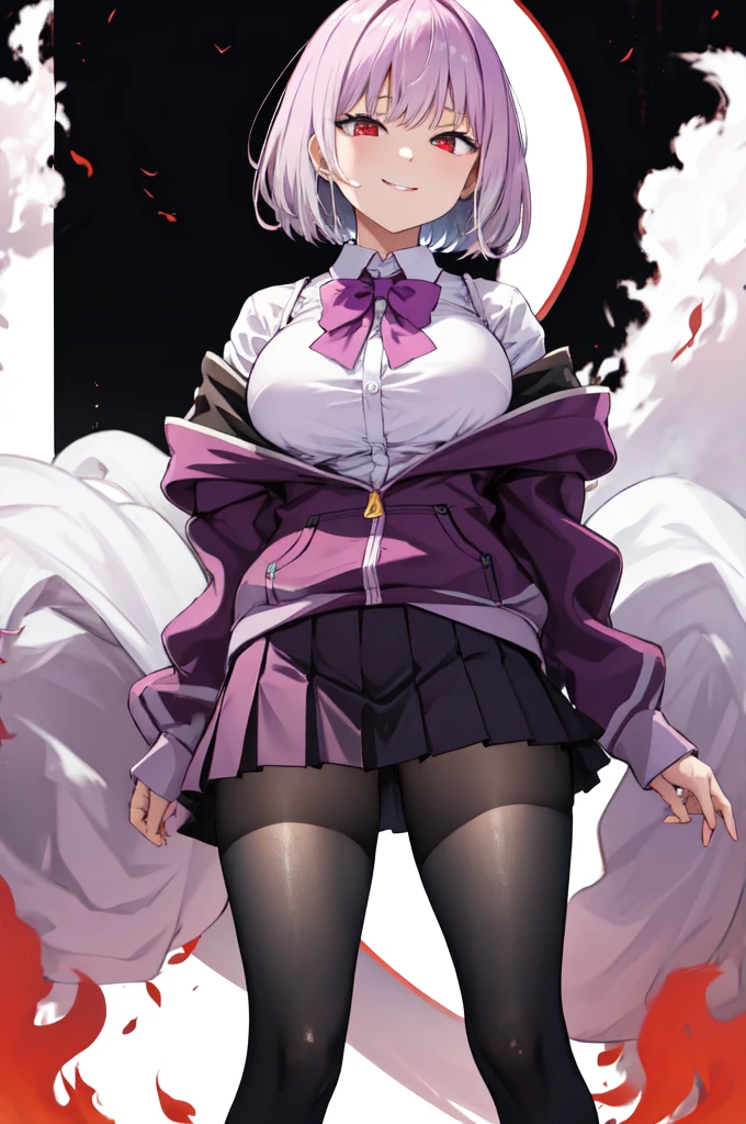 masterpiece, best quality, highres, aaakane, short hair, red eyes, large breasts, purple bowtie, collared shirt, white shirt, off shoulder, purple jacket, partially unzipped, long sleeves, sleeves past wrists, pleated skirt, black skirt, pantyhose, cowboy shot, standing, sky,Corruption,스타킹, 다리꼬기, Mesugaki,