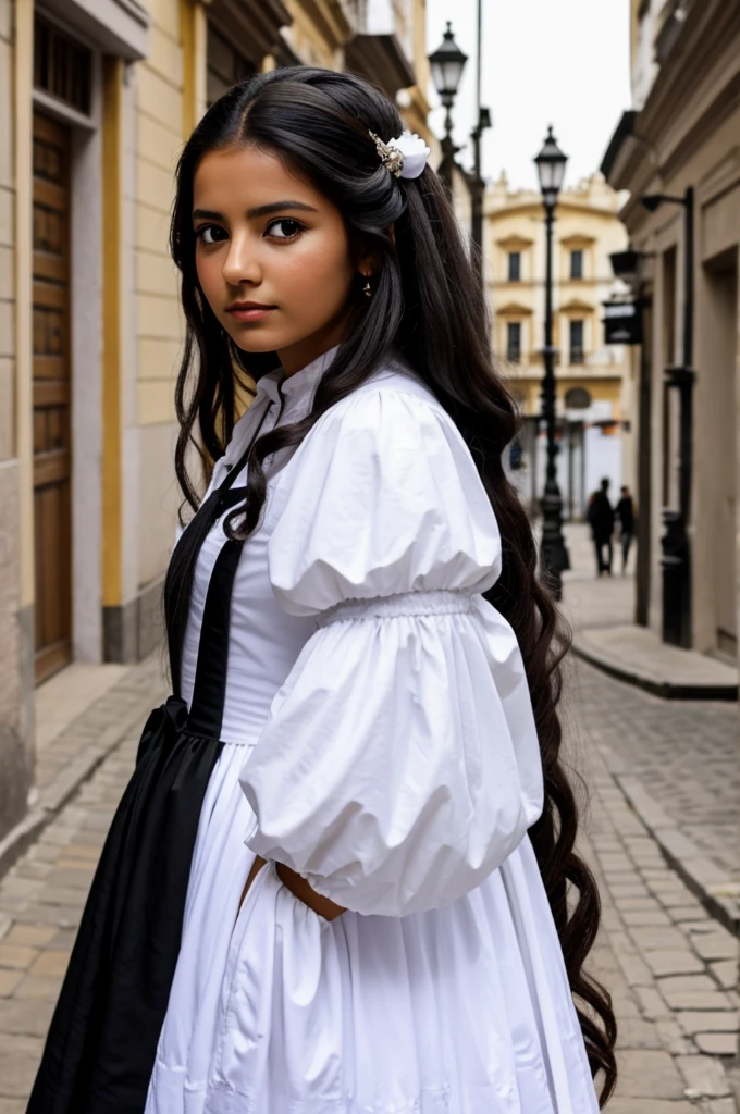 Pretty girl from Lima with black eyes dressed in the fashion of 1665 in white 