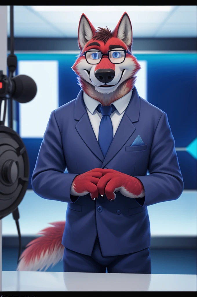 Ivan Fedorovich Wolfbach (Novosibirsk) ,tall handsome, wolf,young, 24 years, brown fur,Kind,(red body:1.3),beautiful blue eyes,Novosibirsk,dressed, Blue jacket,  black glasses, shirt, Yellow tie, blue pants, wolf, detailed fur, male,paw pads, finger claws,At the viewer, 5 fingers, paws, 5 fingers, smile, wrist watch, т nextel,by xenoforge, (difficult, high detail, digital photography, soft focus, RAW variety близко к камере, variety,Novosibirsk, smile, good mood, positive, Very close to the camera,presenter Moscow, 
Photorealism, realistic, digital style, Subsurface scattering,looks at the squares, News studio, a good mood, funny, 
masterpiece, Best quality, ultra realistic, 8 thousand.)