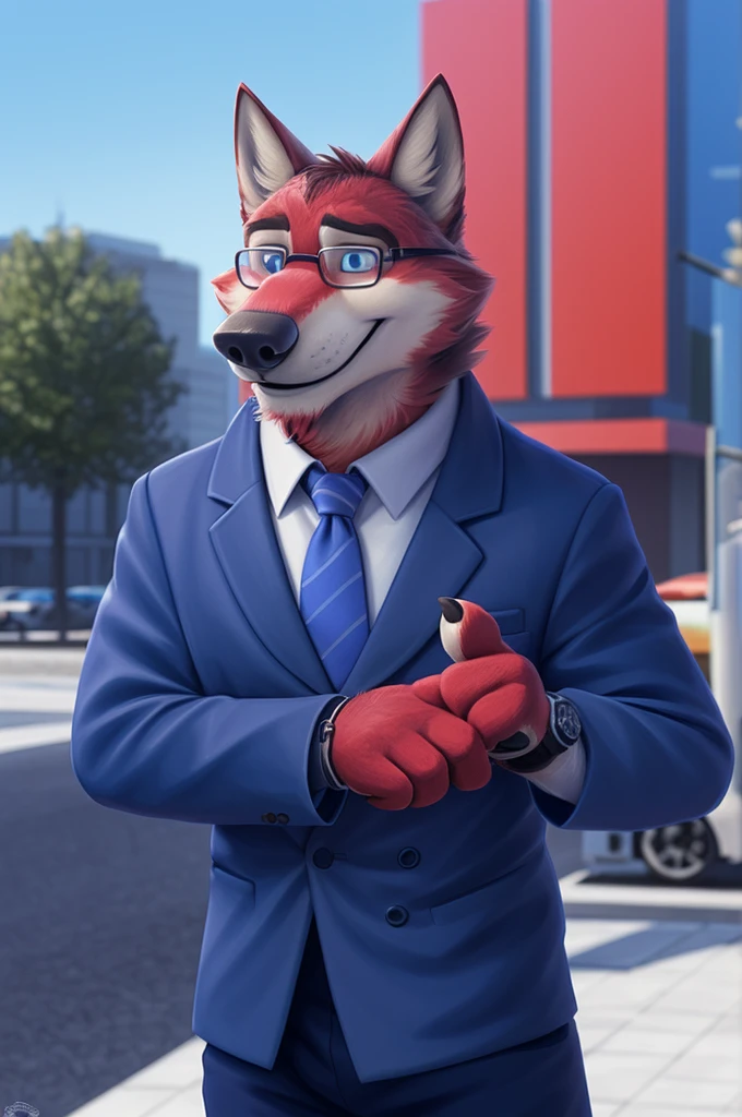 Ivan Fedorovich Wolfbach (Novosibirsk) ,tall handsome, wolf,young, 24 years, brown fur,Kind,(red body:1.3),beautiful blue eyes,Novosibirsk,dressed, Blue jacket,  black glasses, shirt, Yellow tie, blue pants, wolf, detailed fur, male,paw pads, finger claws,At the viewer, 5 fingers, paws, 5 fingers, smile, wrist watch, т nextel,by xenoforge, (difficult, high detail, digital photography, soft focus, RAW variety близко к камере, variety,Novosibirsk, smile, good mood, positive, Very close to the camera,presenter Moscow, 
Photorealism, realistic, digital style, Subsurface scattering,looks at the squares, News studio, a good mood, funny, 
masterpiece, Best quality, ultra realistic, 8 thousand.)