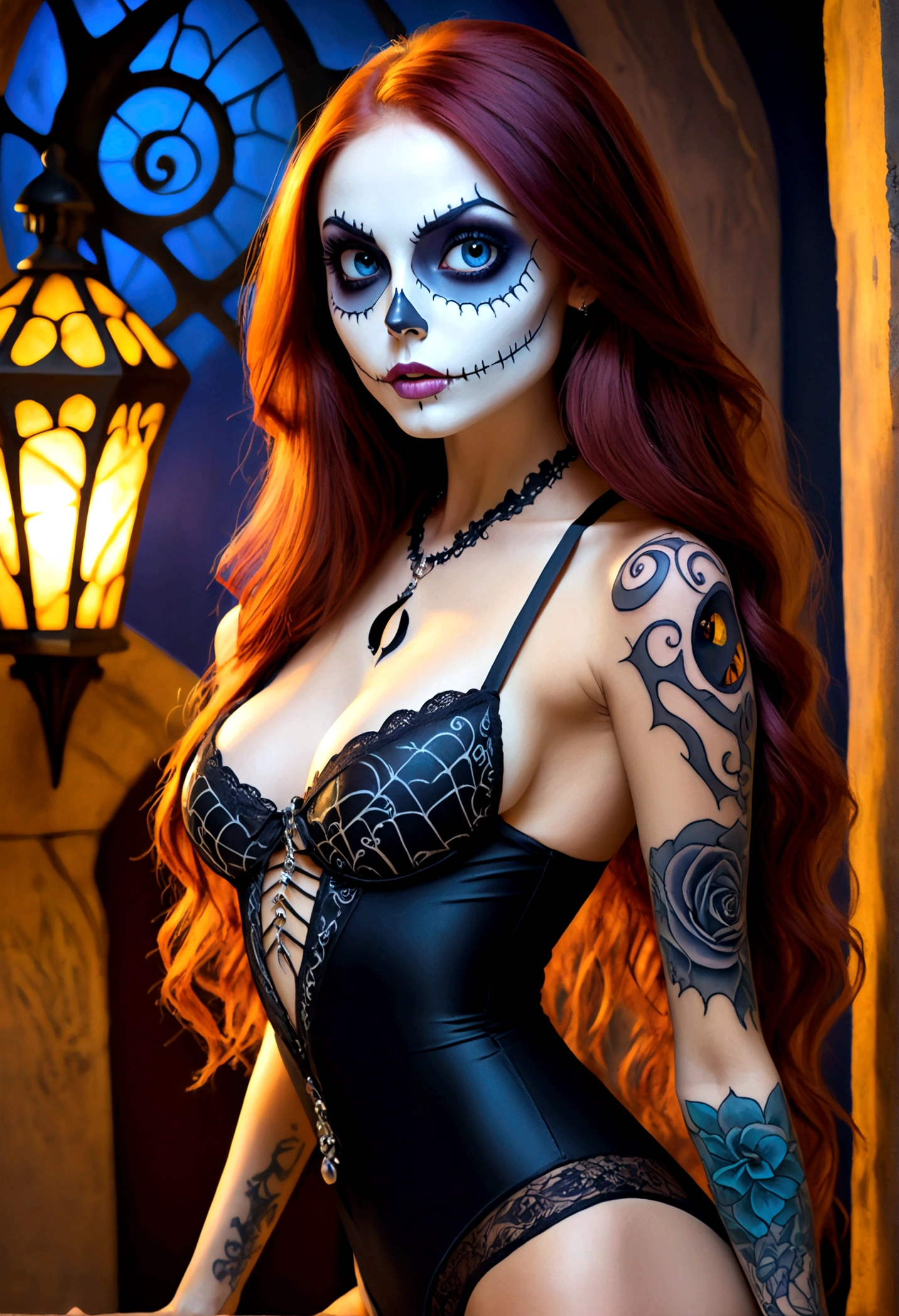 Create a hyper detailed photograph of a nightmare before Christmas tattoos young y stunning gorgeous sally Skellington, Stunningly perfect gorgeous face, perfect makeup, detailed vibrant eyes, long hair,detailed perfect beautiful legs, detailed perfect beautiful arms, realistic torso, detailed silky smooth skin texture, detailed silky smooth perky breerfect round ass, tranrent strappy lace lingerie, back to viewer, looking forward,
