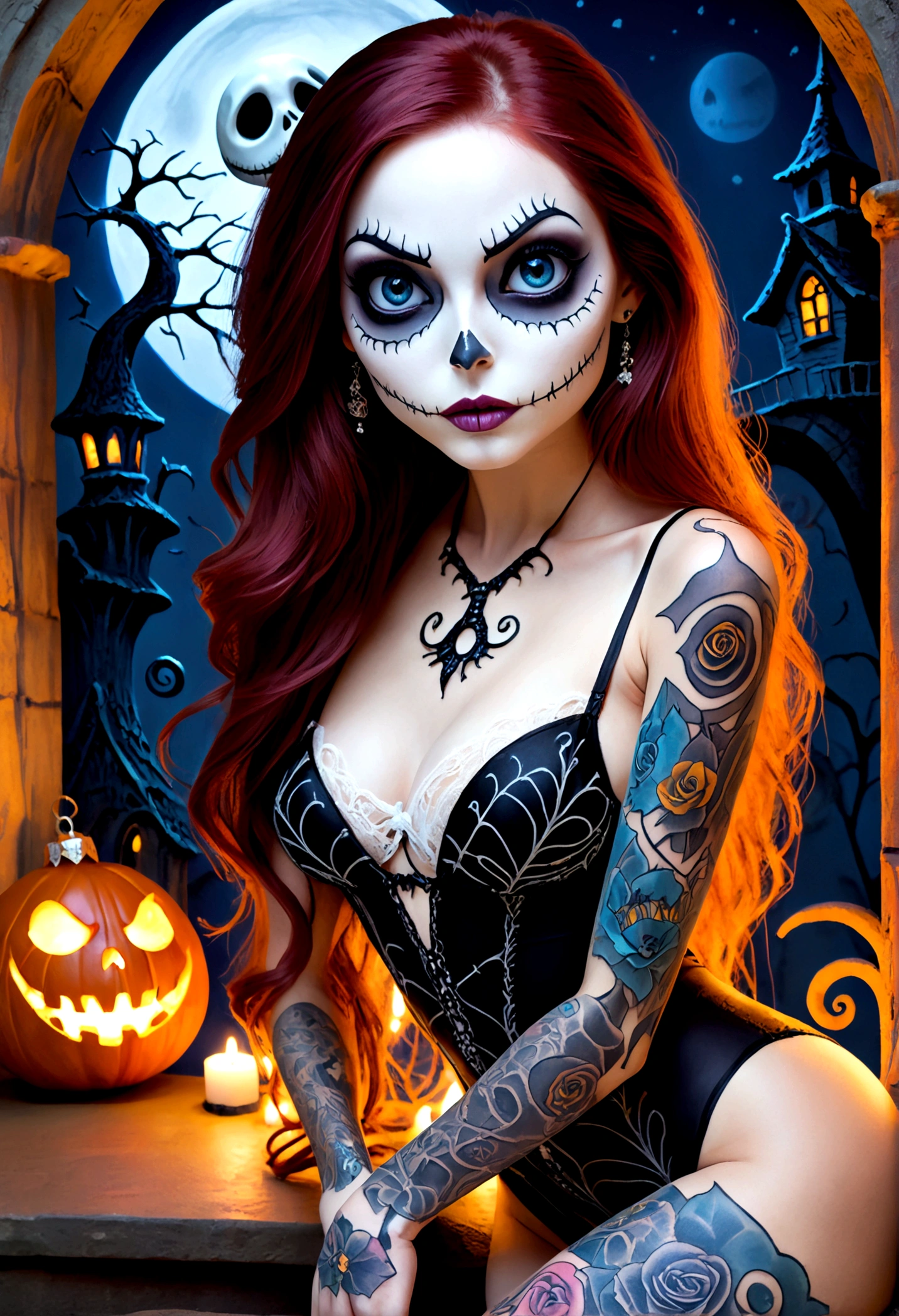 Create a hyper detailed photograph of a nightmare before Christmas tattoos young sexy stunning gorgeous sally Skellington, Stunningly perfect gorgeous face, perfect makeup, detailed vibrant eyes, long hair,detailed perfect beautiful legs, detailed perfect beautiful arms, realistic torso, detailed silky smooth skin texture, detailed silky smooth perky breast, perfect round ass, transparent strappy lace lingerie, back to viewer, looking forward,
