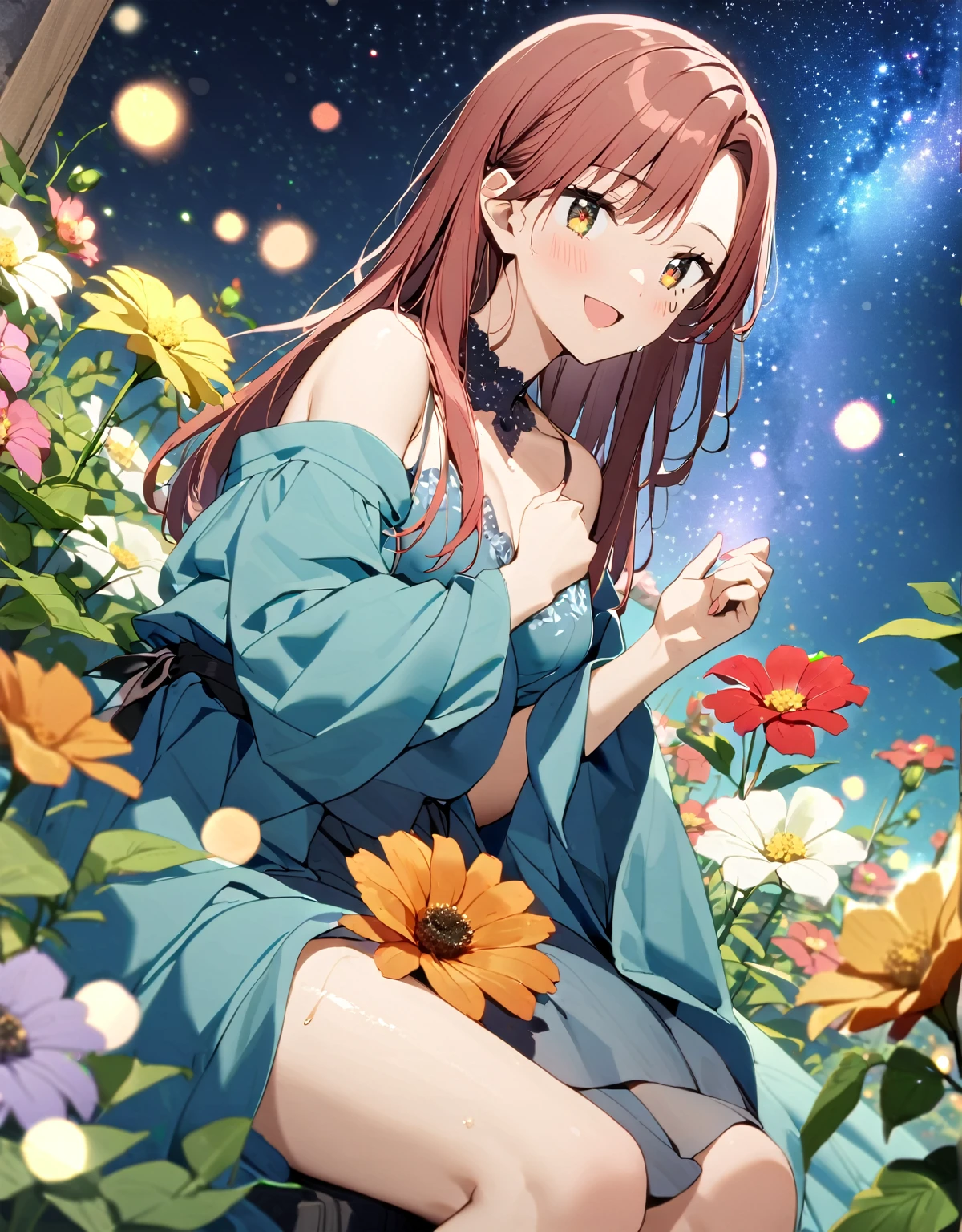 1 Girl. Old-fashioned smile. flowerびら.  __flower__. four seasons. Bokeh. ((後ろに美しいflower畑))
Nice body,  beautiful 肌. oily 肌. Very delicate and beautiful. Very detailed. Clear Eyes. Red hair light shines. Mysterious atmosphere. Hair accessories with attention to detail、Hair is tied））、((Amazing starry sky、))、Clothing Blue Robe
 