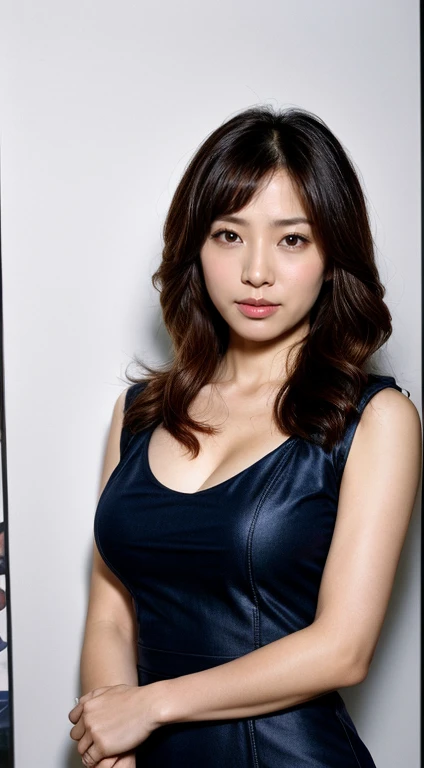 ((Highest quality, 8K, Portraits: 1.3)), (Viewer Display), Photographic realism,  Sharp focus, alone, Japanese women,Straight semi-long hair,Photograph the upper body、 Accentuate your breasts, ((Big Breasts))),，30 years old, Casual Dresses