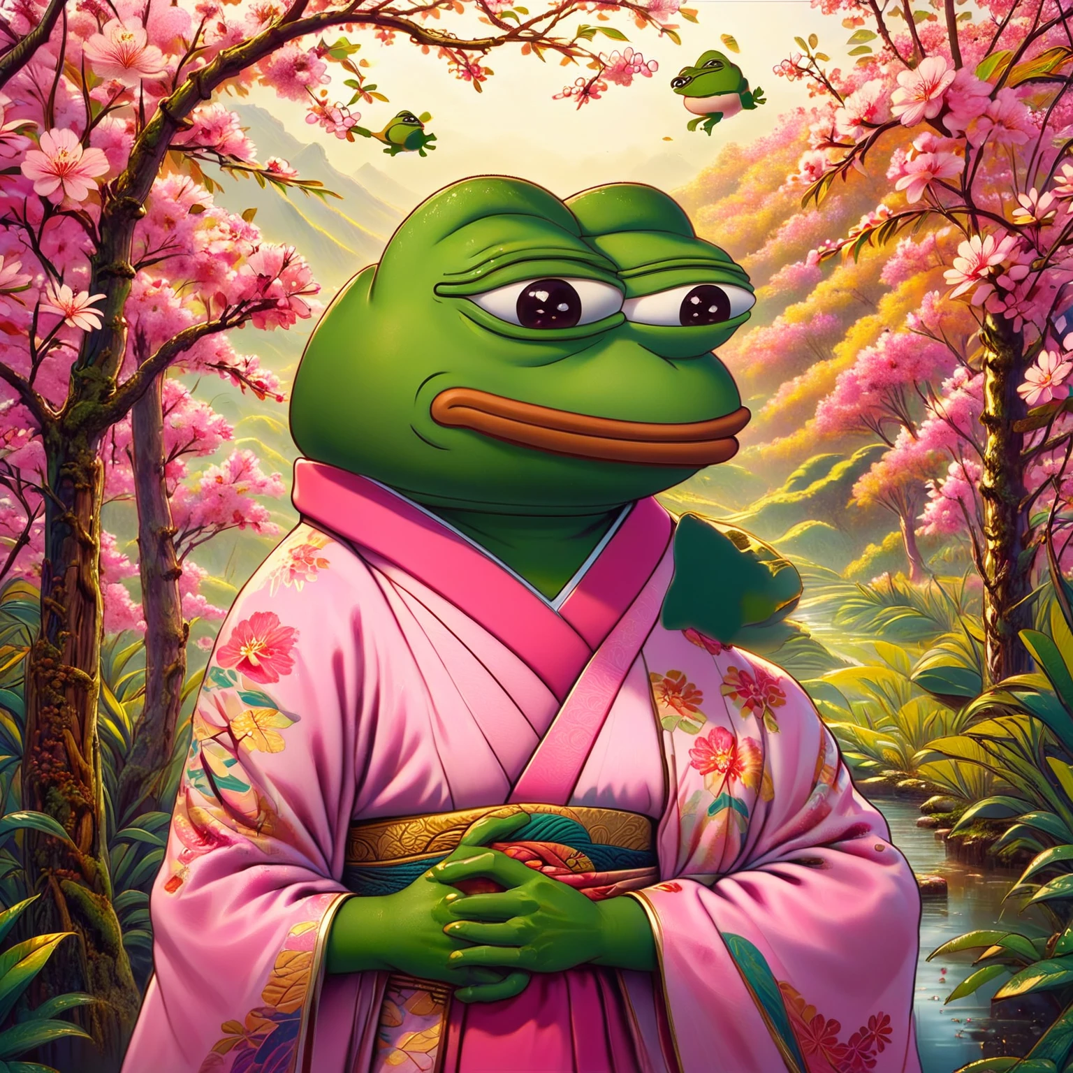 a pink pepe frog with friendly expression,pink pepe frog character,wear kimono , cute frog mascot,cartoon style,vibrant colors,detailed intricate design,digital illustration,surreal fantasy,whimsical concept,adorable frog character,frog joining a community,friendly frog mascot,warm and inviting atmosphere,soft textures,natural elements,lush foliage,sense of community,digital art,4k,8k,highres,masterpiece,ultra-detailed,realistic,photorealistic