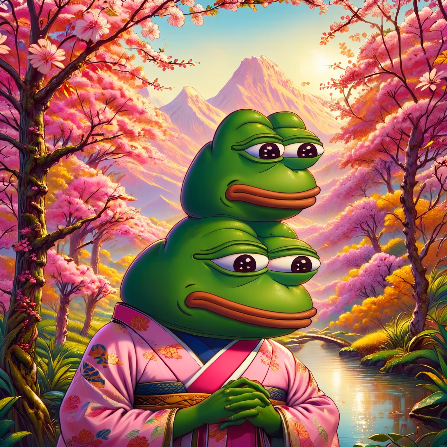 a pink pepe frog with friendly expression,pink pepe frog character,wear kimono , cute frog mascot,cartoon style,vibrant colors,detailed intricate design,digital illustration,surreal fantasy,whimsical concept,adorable frog character,frog joining a community,friendly frog mascot,warm and inviting atmosphere,soft textures,natural elements,lush foliage,sense of community,digital art,4k,8k,highres,masterpiece,ultra-detailed,realistic,photorealistic