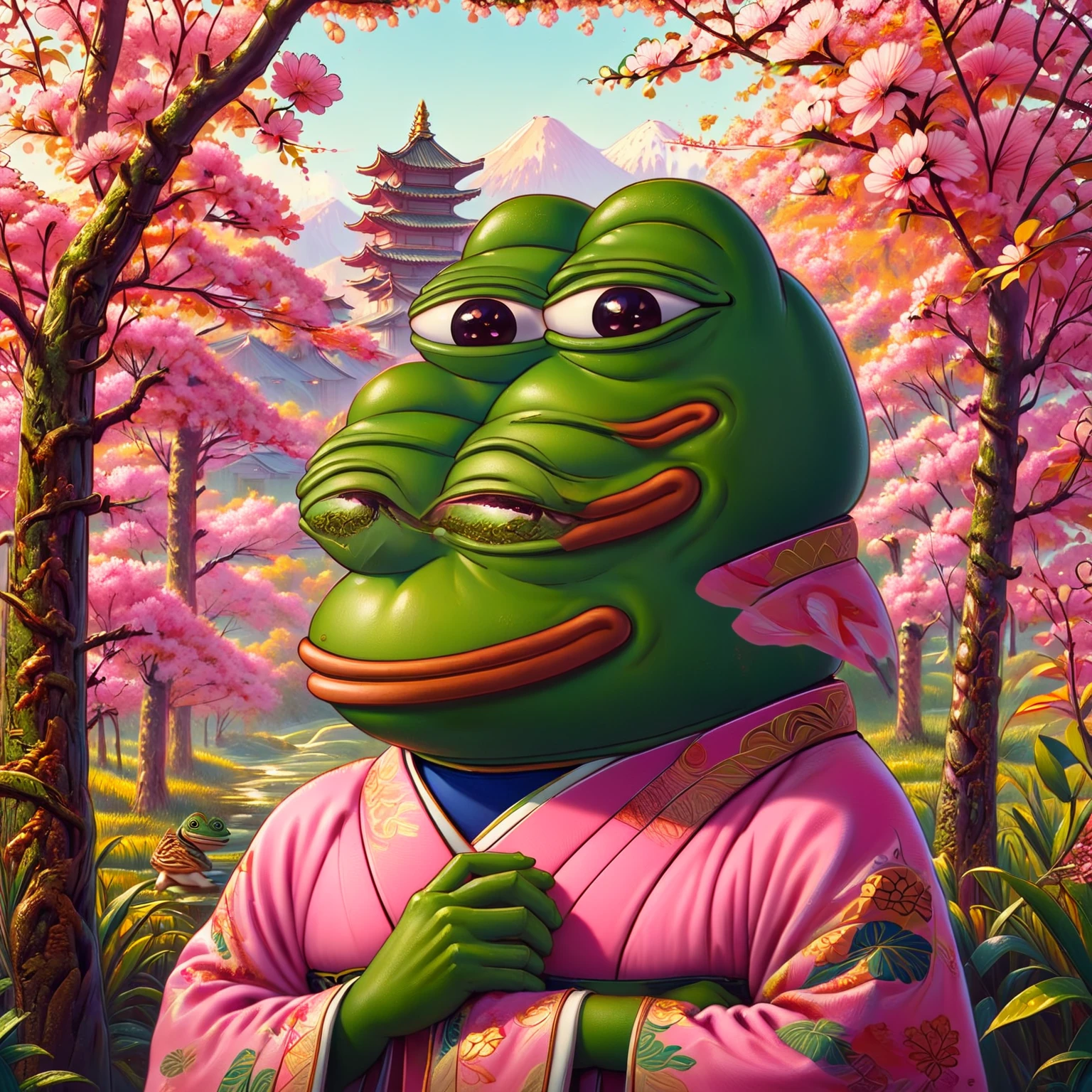 a pink pepe frog with friendly expression,pink pepe frog character,wear kimono , cute frog mascot,cartoon style,vibrant colors,detailed intricate design,digital illustration,surreal fantasy,whimsical concept,adorable frog character,frog joining a community,friendly frog mascot,warm and inviting atmosphere,soft textures,natural elements,lush foliage,sense of community,digital art,4k,8k,highres,masterpiece,ultra-detailed,realistic,photorealistic
