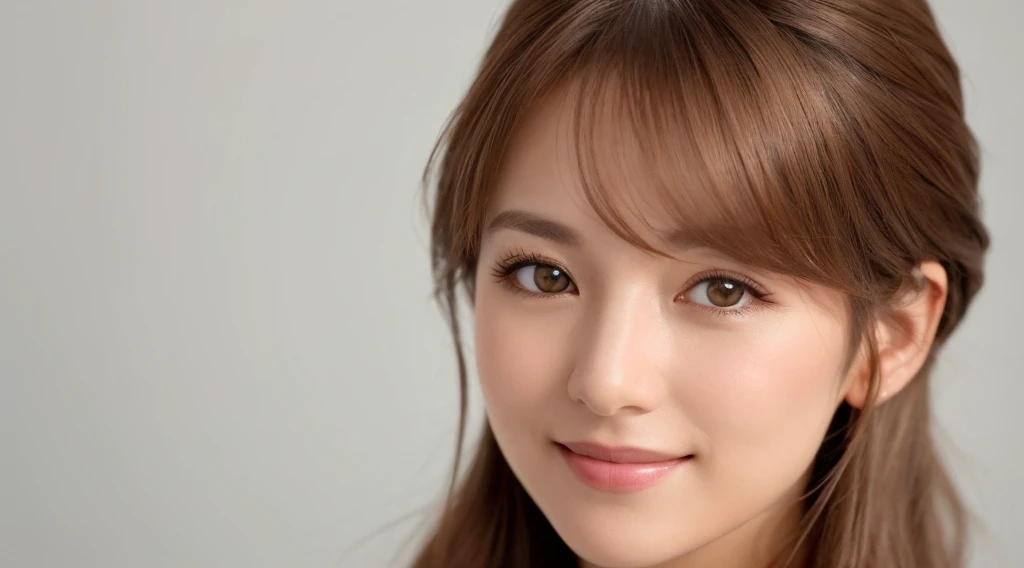 Create an image of a beautiful woman with chestnut brown hair. The background is clean white. She is making direct eye contact with the camera, and the focus is on her upper body. She is smiling gently, radiating a sense of beauty and confidence. The image should primarily feature a single woman, creating a captivating and approachable presence. Design the image with the intention of using it for beauty-related promotions, capturing the essence of a confident and approachable beauty. Pay attention to details such as her hair, facial expression, and the overall composition against the clean white background.