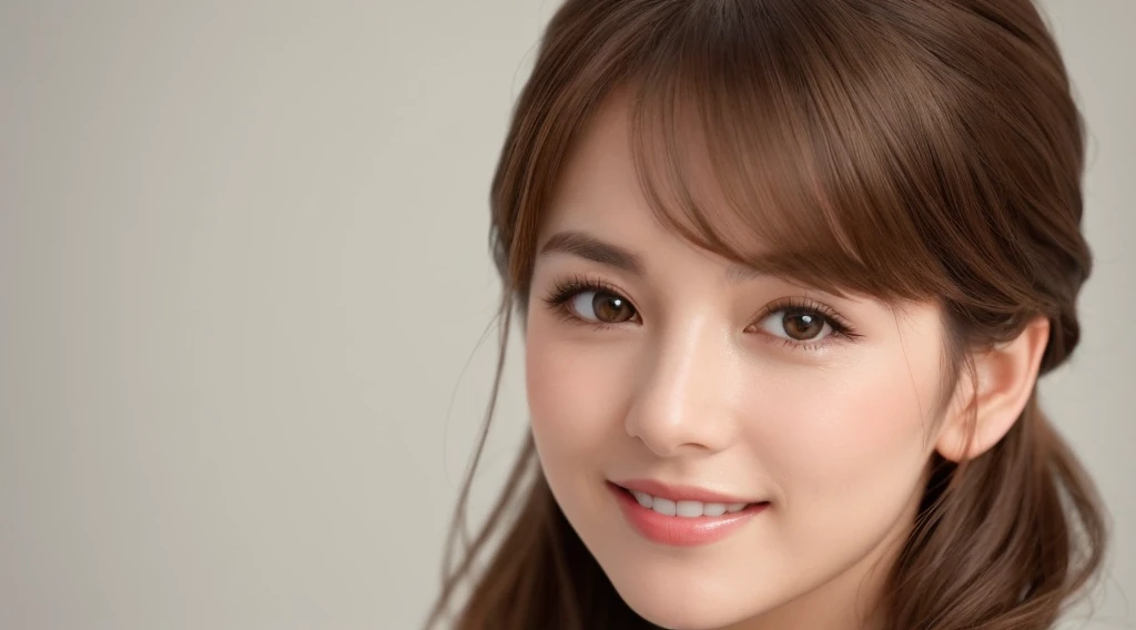 Create an image of a beautiful woman with chestnut brown hair. The background is clean white. She is making direct eye contact with the camera, and the focus is on her upper body. She is smiling gently, radiating a sense of beauty and confidence. The image should primarily feature a single woman, creating a captivating and approachable presence. Design the image with the intention of using it for beauty-related promotions, capturing the essence of a confident and approachable beauty. Pay attention to details such as her hair, facial expression, and the overall composition against the clean white background.