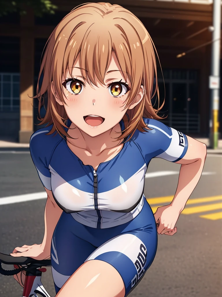 ((muste piece, best quality, High resolution, ticker, perfect pixel, Depth of bounds written, In 4K, )), 1 girl, solo, , beautiful anime girl, beautiful art style, close up of breasts, Looking at Viewer, perfect body, isshiki iroha, short hair, brown hair, midium breasts, full face blush, open mouth, smile, cycling wear, cycling pants, cowboy shot, looking at viewer