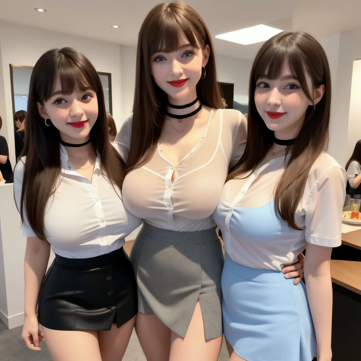 100 Girls,Crowded, Long Hair, Brown Hair, No sleeve, sexy, A row of girls, Girls standing in a row, Girls only, Sisters, ((Tight white see-through shirt、mini skirt)),Full body photo:1.9, Adorable, smile, Slim face, Slim body, Short Brown Hair, 32k, masterpiece, Best image quality,Ultra-high resolution,Perfect hands,Black Choker、blue eyes、bangs、Very numerous and very long eyelashes, Lots of girls、((Big Breasts)), Dependents, Big Breasts, Red lipstick, Fully booked、Party Venue