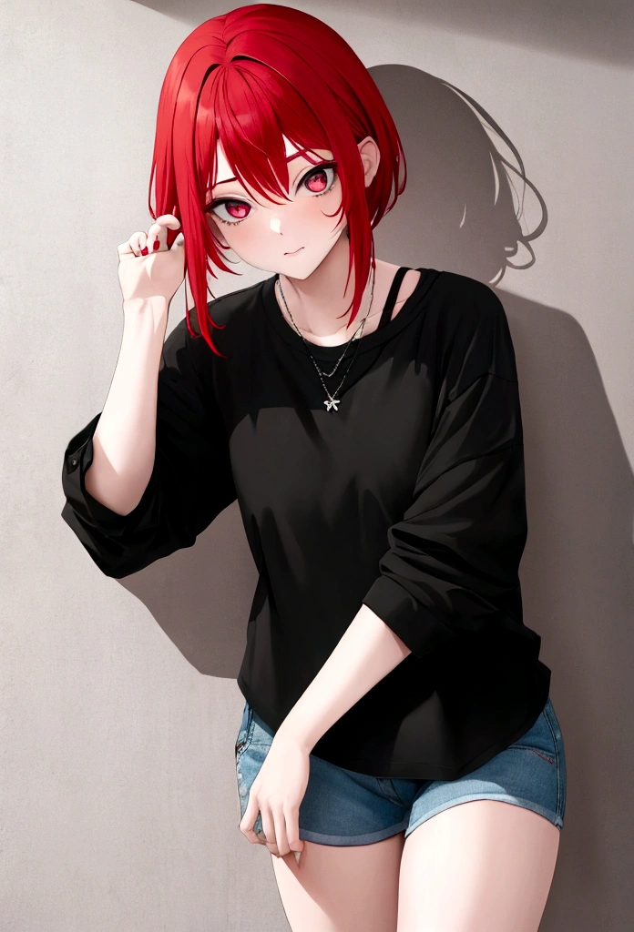 1 girl, Emo with light red hair, wearing short, casual stay-at-home clothes, with a bold look and pose.