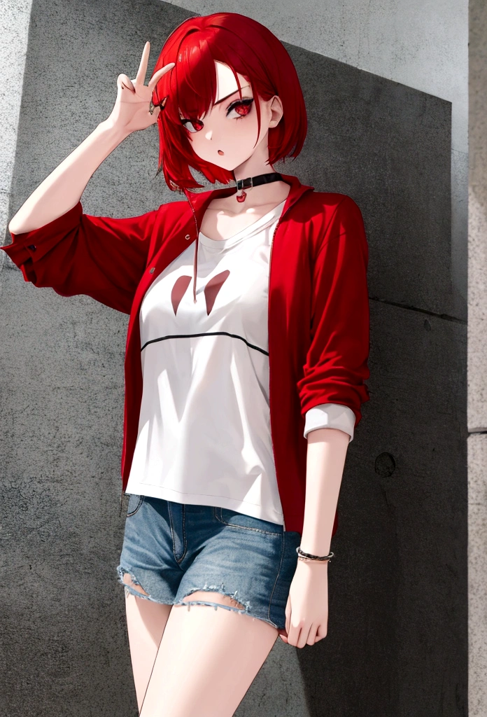 1 girl, Emo with light red hair, wearing short, casual stay-at-home clothes, with a bold look and pose.