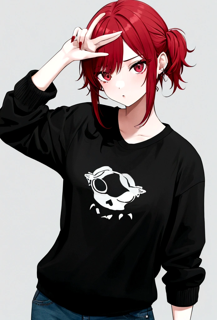 1 girl, Emo with light red hair, wearing short, casual stay-at-home clothes, with a bold look and pose.