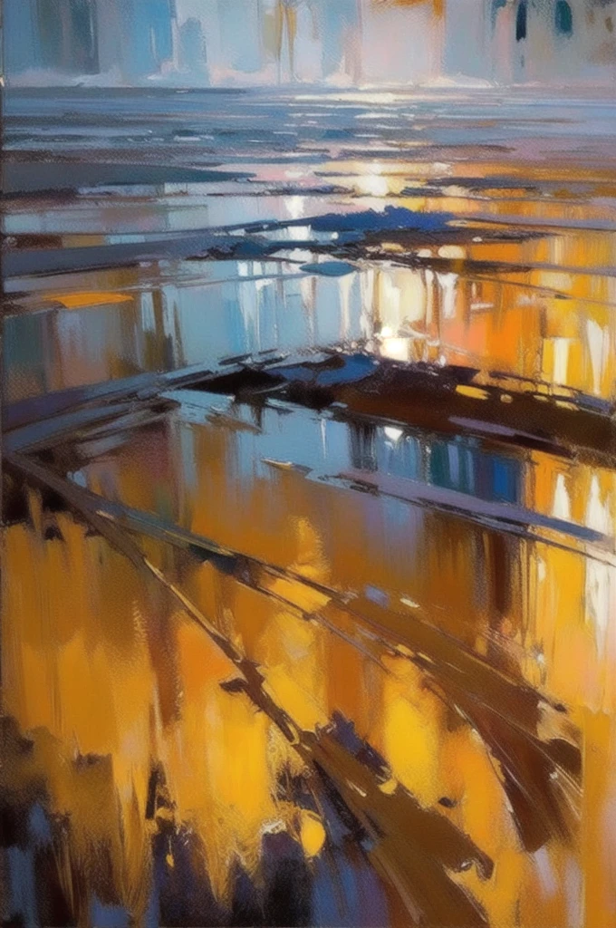 OIL PAINTING,IMPRESSIONISM,(masterpiece, best quality, ultra-detailed, best shadow),(detailed background),realistic ,(Rembrandt), rqinny evening in Gliwice City seen throught wet glass melted by stream of rain shapes, color field painting, (large swaths of color):1.2, abstract expressionism, bold hues, emotional impact, atmospheric depth,