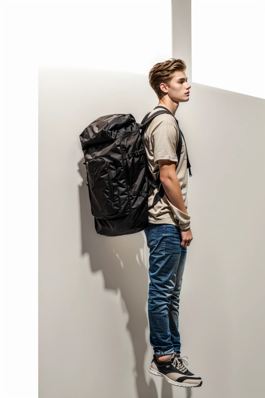 An 18-year-old,Swedish man,Young man full of masculinity,Muscular man side profile,whole body,(Light gray top:1.37),(jeans:1.37),Black sneakers,Golden brown hair , Light brown eyes, masculinity,A Swedish man carrying a backpack stands there,Carrying a backpack, Full length view, Carrying a big bag, Full Height View, Distant whole body view, whole body wide angle lens, (Studio white background:1.37)