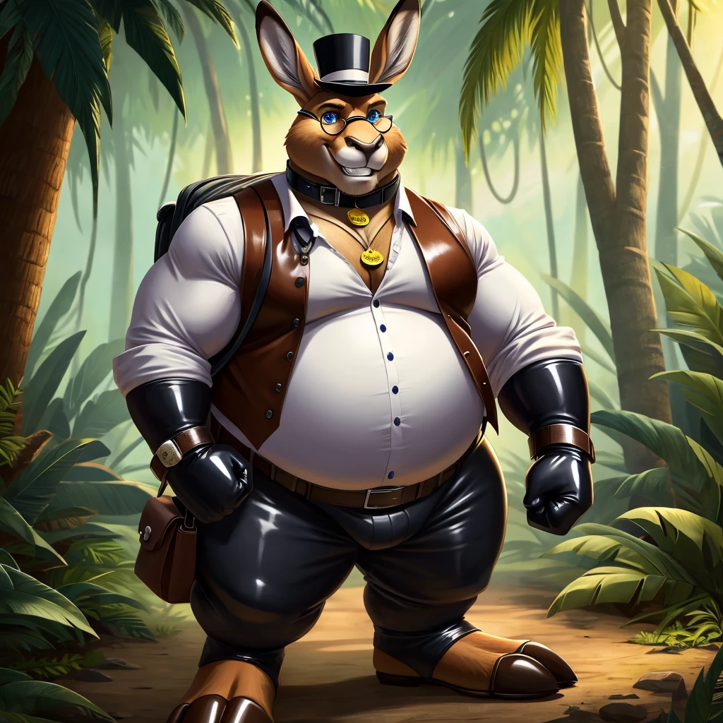 Solo, Male, fat, extremely obese, gentleman, dapper Professor Kangaroo, with a large ornis and testicles, ejaculating green sperm from the penis, blue eyes, (posing:1.3), (soft shading), 4k, hi res, ((detailed face, detailed)), looking at viewer, spitting green slime from the mouth, jungle, forest, collared shirt with buttons, top hat, male focus, Explorer Outfit, glasses, monocle, bag, vest with buttons, backpack, sleeves rolled up, round eyewear, brown headwear, brown vest, Kangaroo is wearing a glossy leather dog collar around the neck, Kangaroo is wearing the leather collar and shirt and vest at the same time, Kangaroo is wearing glossy white rubber gloves on the hands, wearing white rubber gloves on the feet, Kangaroo is wearing glossy white cuffs around the wrists with cufflinks, gloves are rubber in texture, clenching teeth, rubbing the penis with hand, leather collar is glossy and shiny with a lot of detail, Kangaroo is wearing gloves and cuffs and cufflinks at the same time, leather collar has a round dog-tag, leather collar is thick and detailed, sperm is green and sticky, spit is green and glossy.