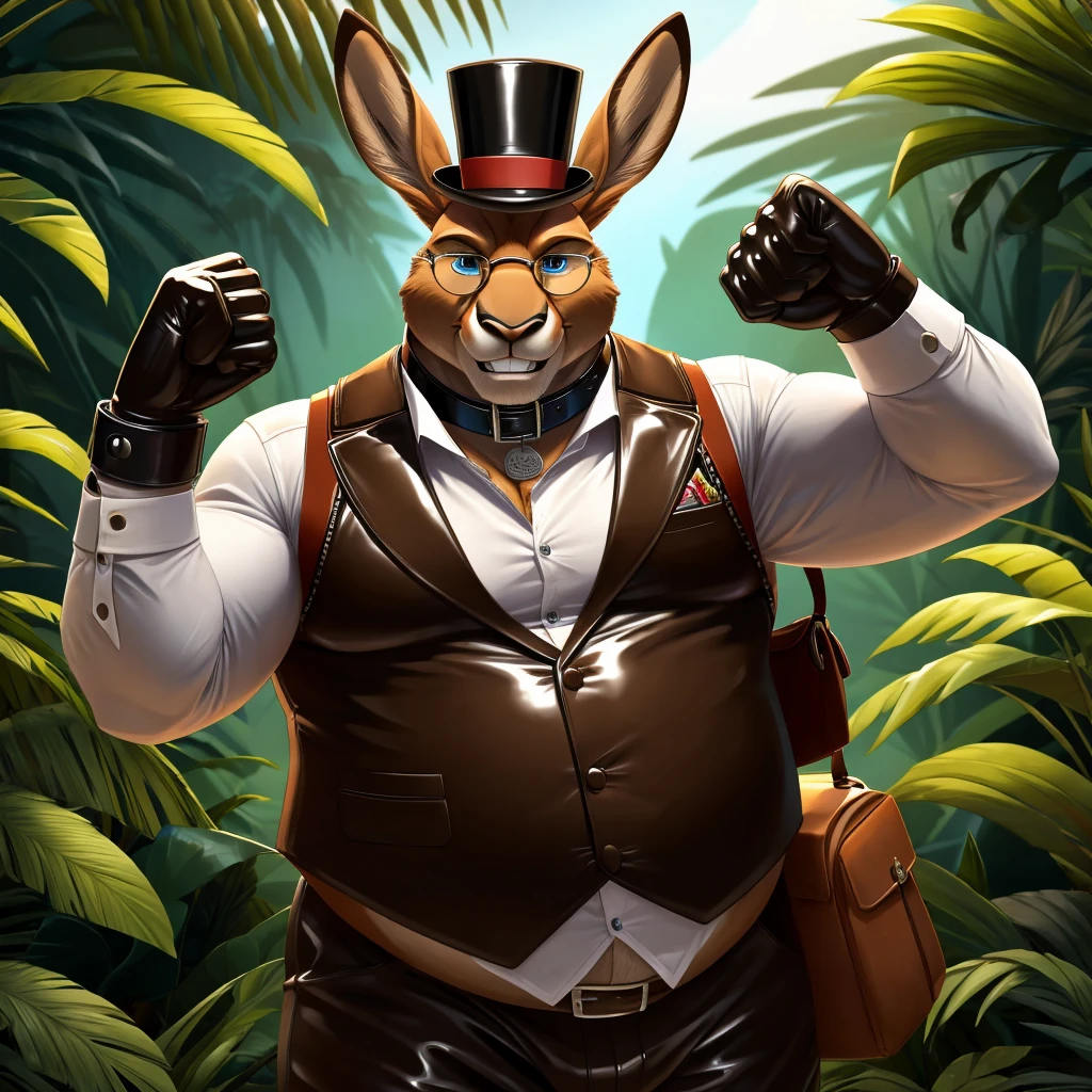 Solo, Male, fat, extremely obese, gentleman, dapper Professor Kangaroo, blue eyes, (posing:1.3), (soft shading), 4k, hi res, ((detailed face, detailed)), looking at viewer, evil grin, jungle, forest, collared shirt with buttons, top hat, male focus, Explorer Outfit, glasses, monocle, bag, vest with buttons, backpack, sleeves rolled up, round eyewear, brown headwear, brown vest, Kangaroo is wearing a glossy leather dog collar around the neck, Kangaroo is wearing the leather collar and shirt and vest at the same time, Kangaroo is wearing glossy white rubber gloves on the hands, wearing white rubber gloves on the feet, Kangaroo is wearing glossy white cuffs around the wrists with cufflinks, gloves are rubber in texture, clenching teeth, clenching fists, leather collar is glossy and shiny with a lot of detail, Kangaroo is wearing gloves and cuffs and cufflinks at the same time, leather collar has a round dog-tag, leather collar is thick and detailed.