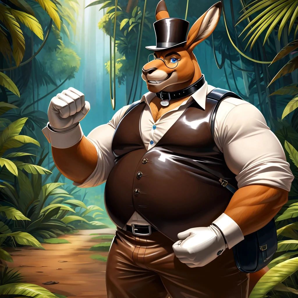 Solo, Male, fat, extremely obese, gentleman, dapper Professor Kangaroo, blue eyes, (posing:1.3), (soft shading), 4k, hi res, ((detailed face, detailed)), looking at viewer, evil grin, jungle, forest, collared shirt with buttons, top hat, male focus, Explorer Outfit, glasses, monocle, bag, vest with buttons, backpack, sleeves rolled up, round eyewear, brown headwear, brown vest, Kangaroo is wearing a glossy leather dog collar around the neck, Kangaroo is wearing the leather collar and shirt and vest at the same time, Kangaroo is wearing glossy white rubber gloves on the hands, wearing white rubber gloves on the feet, Kangaroo is wearing glossy white cuffs around the wrists with cufflinks, gloves are rubber in texture, clenching teeth, clenching fists, leather collar is glossy and shiny with a lot of detail, Kangaroo is wearing gloves and cuffs and cufflinks at the same time, leather collar has a round dog-tag, leather collar is thick and detailed.