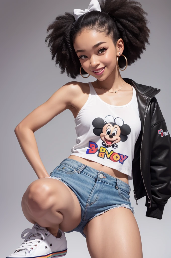 "Fun mind character, disney pixar style, 3d, very tiny, with shoulder-length curly hair,a bow in the hair,white tank top with a black jacket, White All Star Sneakers, with happy face, brown skin, hoop earings, watch on right arm,big fit ass , White background, com qualidade 8k."