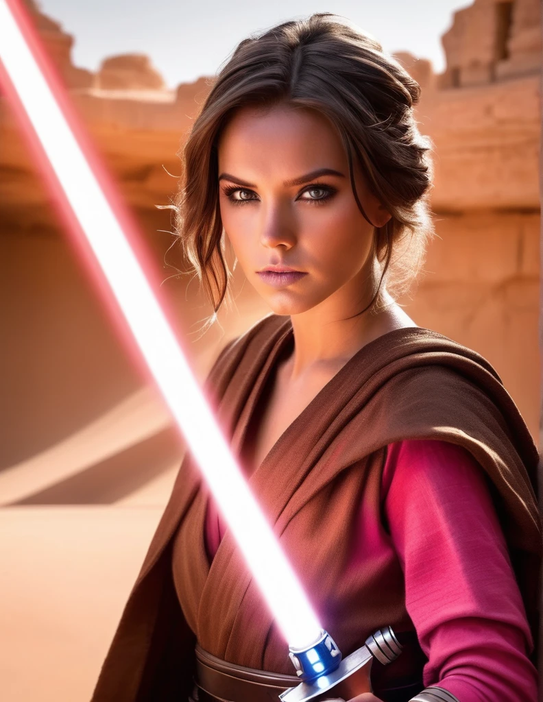 Create an ultra-realistic, highly detailed photograph of a Jedi warrior, captured in the style of photographer Greg Rutkowski. The portrait frames the Jedi from the waist up, showing her fierce and determined pose amidst the desert landscape and the ruins of an ancient temple.

The Jedi, with her slightly wavy hair cut just above her shoulders framing her face, exudes a sense of fierce determination. His eyes, of a penetrating blue, they shine with intense ferocity, and his light skin. 

Dressed in a Jedi outfit made of black leather with intricate pink details, stands in a warrior stance, Ready for the battle. His black leather belt, adorned with small pockets and compartments, He holds his lightsaber with a golden hilt and a crimson blade., emitting a vibrant red glow that reflects the fire in his eyes.

The background of the portrait is a desert landscape with ruins of an ancient stone temple, blurred to create a sense of Jedi urgency. The sandy tones of the desert contrast with the dark ruins, adding intensity to the scene.

Greg Rutkowski&#39;s signature style of photography captures every detail of the Jedi&#39;s fierce pose, from the tense muscles in his arms to the determination in his jaw. The result is a strikingly realistic portrait that invites the viewer to feel the power and determination that emanate from the Jedi.. Its appearance is delicate, suave. Her  with beautiful curves. 
