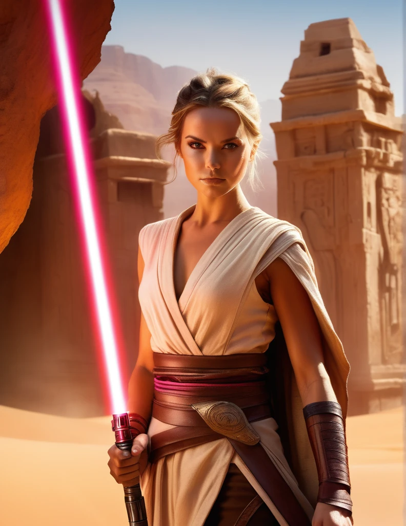 Create an ultra-realistic, highly detailed photograph of a Jedi warrior, captured in the style of photographer Greg Rutkowski. The portrait frames the Jedi from the waist up, showing her fierce and determined pose amidst the desert landscape and the ruins of an ancient temple.
The Jedi, with her slightly wavy hair cut just above her shoulders framing her face, exudes a sense of fierce determination. His eyes, of a penetrating blue, they shine with intense ferocity, and his light skin.
Dressed in a Jedi outfit made of black leather with intricate pink details, stands in a warrior stance, Ready for the battle. His black leather belt, adorned with small pockets and compartments, He holds his lightsaber with a golden hilt and a crimson blade., emitting a vibrant red glow that reflects the fire in his eyes.
The background of the portrait is a desert landscape with ruins of an ancient stone temple, blurred to create a sense of Jedi urgency. The sandy tones of the desert contrast with the dark ruins, adding intensity to the scene.
Greg Rutkowski's signature style of photography captures every detail of the Jedi's fierce pose, from the tense muscles in his arms to the determination in his jaw. The result is a strikingly realistic portrait that invites the viewer to feel the power and determination that emanate from the Jedi.. Its appearance is delicate, suave. Her with beautiful curves.