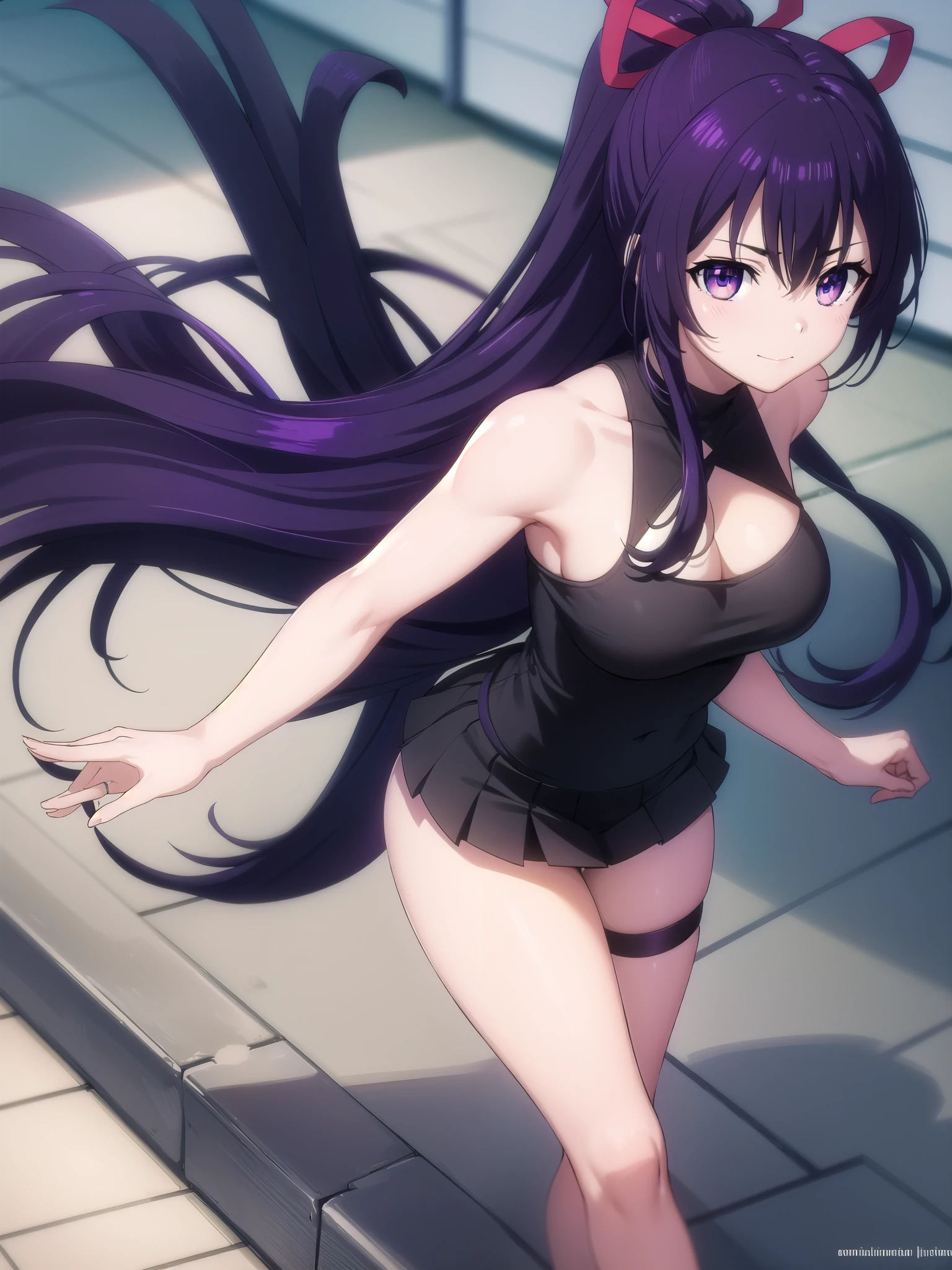 tohkayatogami, tohka yatogami casual, long hair, purple hair, alluringly smile , turtleneck sleeveless top ,black top , alluring armpits, short skirt, black skirt , thighs garter belt , thighs high, (purple eyes:1.1), hair ribbon, ponytail, purple hair, white ribbon, E cup breasts, bewitched thighs, slender waist, plump butt , sneakers
BREAK ,
BREAK daylight ,alone,
BREAK looking at viewer, standing, hand lift upward, look cute
BREAK (masterpiece:1.2), best quality, high resolution, unity 8k wallpaper, (illustration:0.8), (beautiful detailed eyes:1.6), extremely detailed face, perfect lighting, extremely detailed CG, (perfect hands, perfect anatomy),