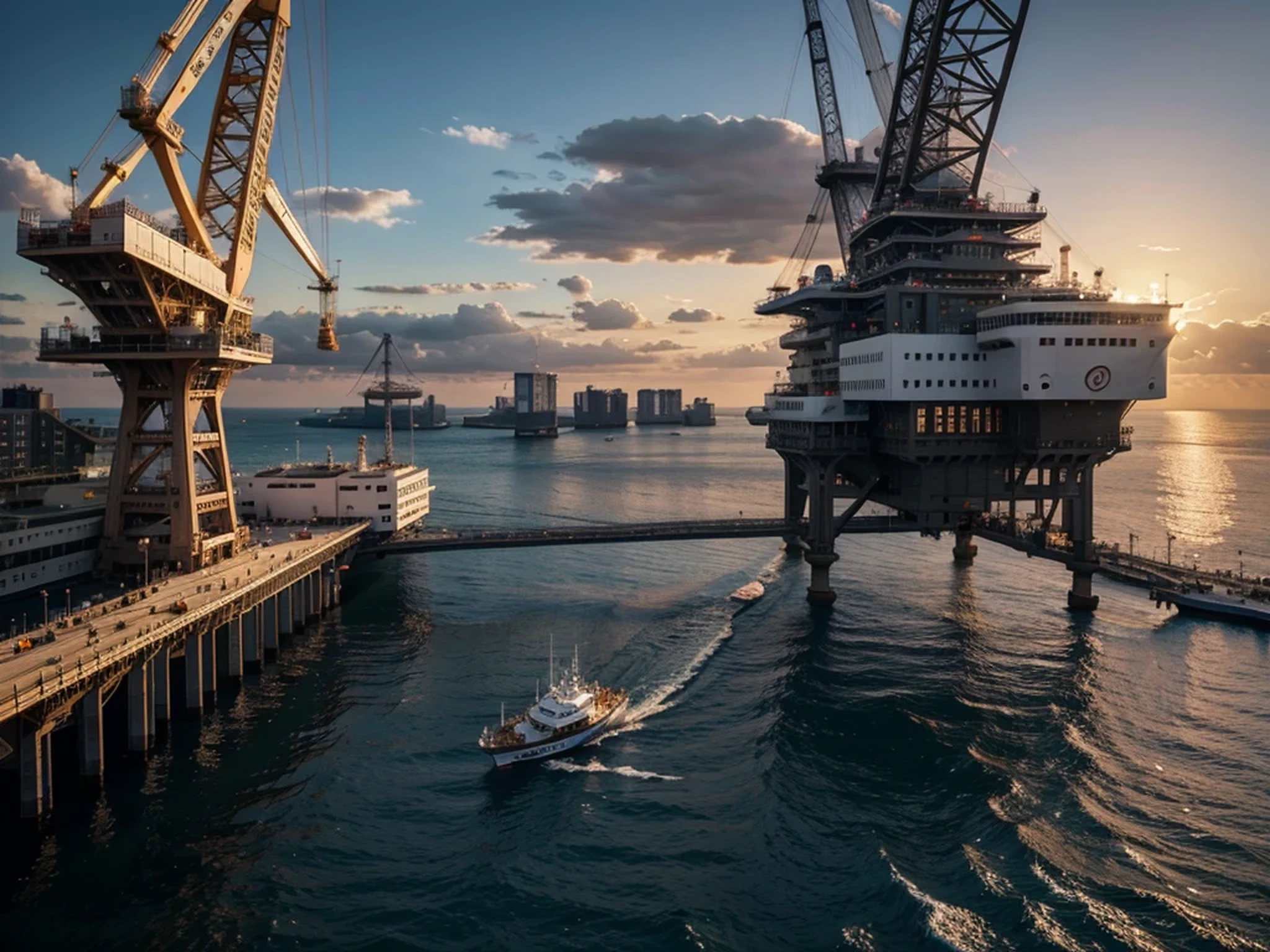 exterior, open sea structures being built in the middle of the sea, construction cranes, half-built structures, beautiful sunset, 4k, Ultra detailed image, realistic, Highly detailed, perfect composition, gorgeous, Intricately detailed, incredibly detailed, Art photography 8K, hyper detailed, Masterpiece, Ultra detailed, hyper realistic, 4k, Ultra detailed image, realistic, Highly detailed, perfect composition, beautiful, intricately detailed, incredibly detailed, art photography 8k, hyper detailed, masterpiece