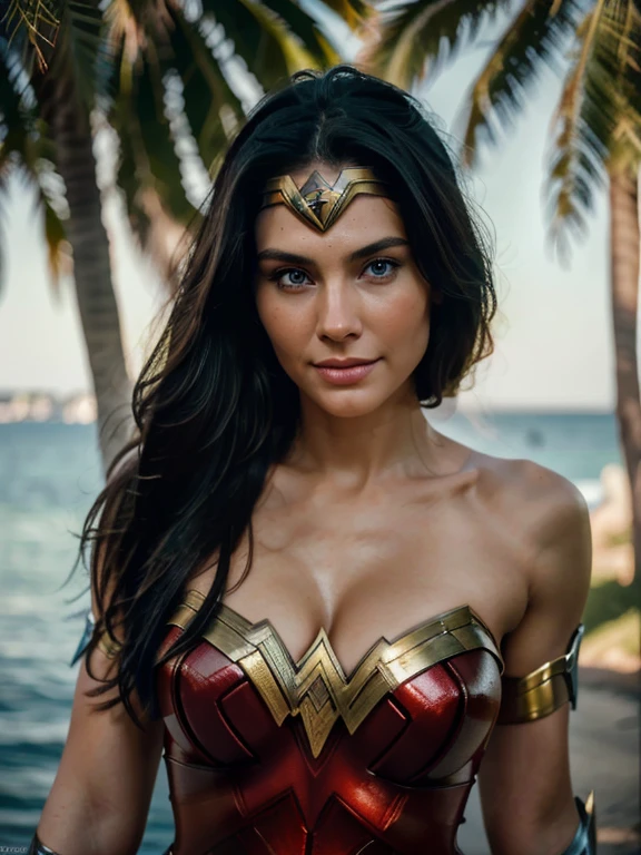 a beautiful woman, fair skin, supermodel ((Dressed as Wonder Woman)) Realistic (blue eyes), (She is smiling: 1.1), perfect face, split lips, (Best quality, 8k, Masterpiece: 1.3), hands perfect, clear focus: 1.2, perfect body beauty: 1.4, slim abdomen: 1.2, highly detailed face and skin texture, detailed eyes, (natural straight black hair,) standing, dynamic pose, highly detailed, 28 years old, Innocent face , high resolution, Artwork, best quality, high and intricate details, highly detailed, sharp focus, detailed skin, realistic skin texture, texture, detailed eyes, Professional, 4K, charming smile, shot in canon, 85mm, depth shallow field, kodak vision color, perfect body fit, extremely detailed, photography_\(ultra\), photorealistic, realistic, Post-processing, maximum detail, roughness, Real life, ultra realistic, photorealism, photography, 8k hd, photograph, she is on an island