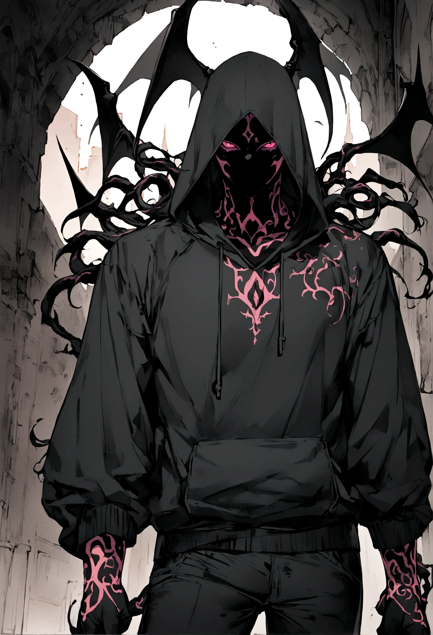 1boy, black hoodie, black pants, half of him turning into a ink demon, hells fire in the background