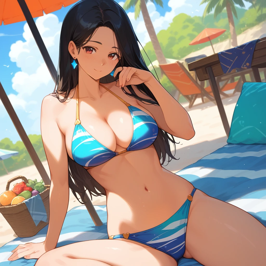 (score_9,score_8_up,score_7_up,score_6_up),masterpiece,best quality, source anime, rating_explicit, (((masterpiece))), (((best quality))), ((ultra-detailed)), ((illustration)), (1girl), (beautiful Japanese woman), (long black hair), (brown eyes), (beach background), (wearing traditional bikini), (detailed face), (perfect anatomy), (detailed lighting front), (serene expression), (minimalist style),(cleavage:1.1)