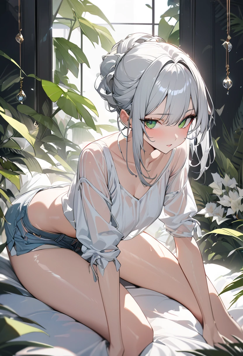 best quality, super fine, 16k, incredibly absurdres, extremely detailed, 2.5D, delicate and dynamic depiction, cool and beautiful beauty, shiny white updo, attractive and seductive expression, wearing loose summer fashion and accessories, glamorous slender body, cute pose, green eyes